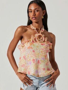ASTR the Label Alix Floral Ruffle Halter Top | Romantic Open Back